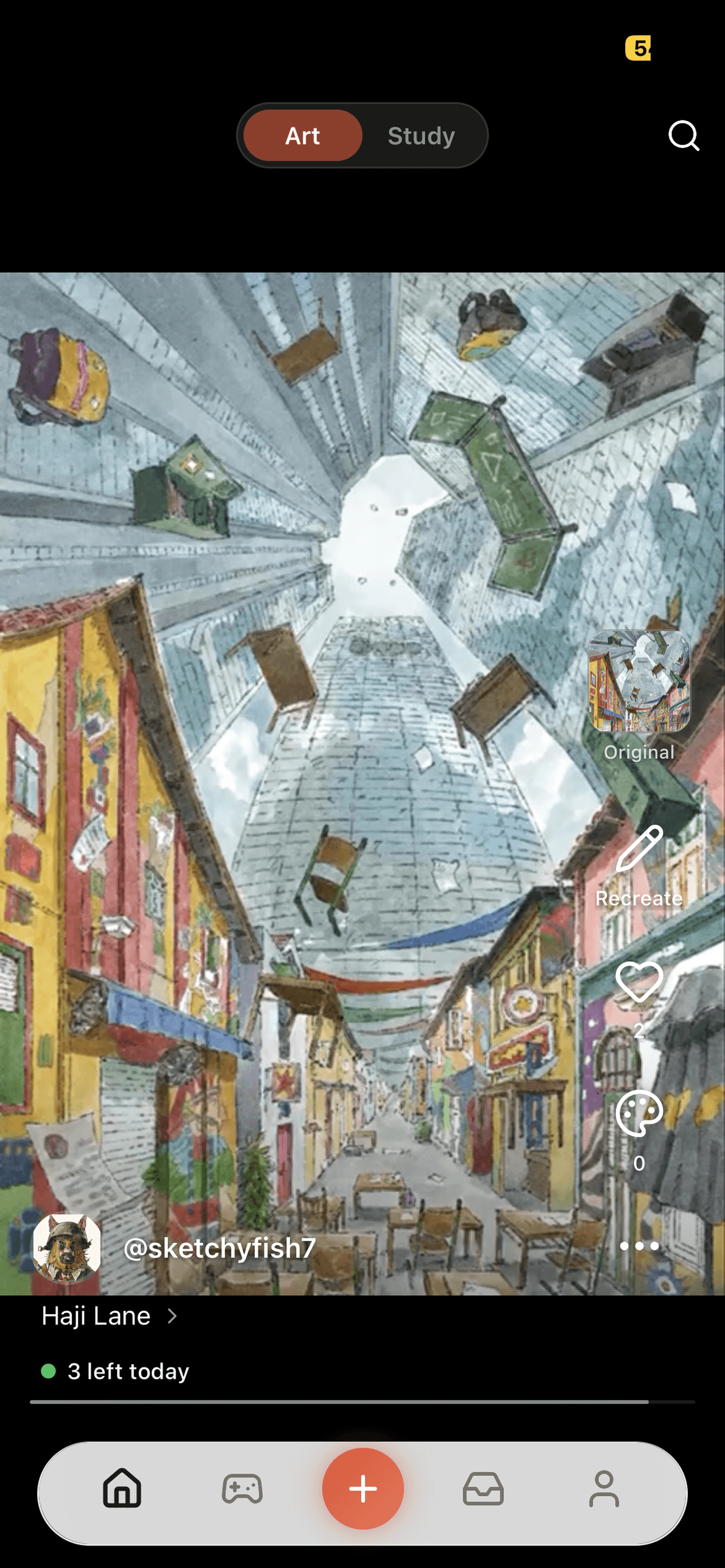 ArtCopy mobile feed showing a watercolor street scene by @sketchyfish7